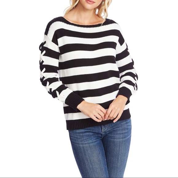 Cece Black Striped Long Sleeve Boat Neck Sweater - Picture 2 of 7